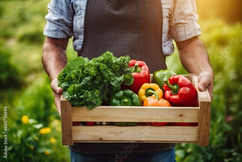 Farmer man holding wooden box full of fresh raw vegetables. © Sajeda