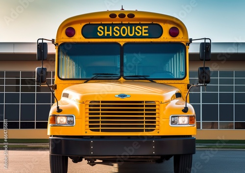 Front view of a yellow school bus.