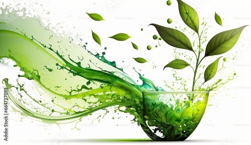 Green herbal tea wave splash with leaves flow.