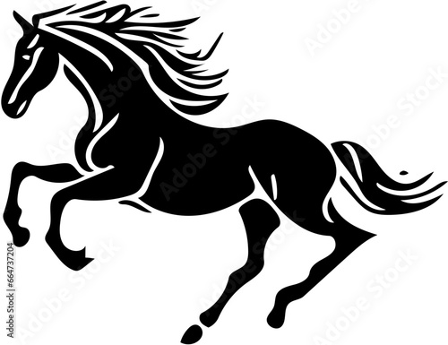 Black and white illustration of a jumping stallion, vector drawing of a stallion