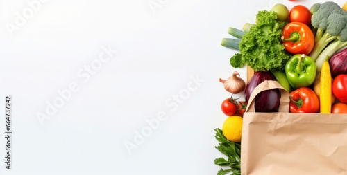 Healthy food in paper bag vegetables and fruits on white background. © Sajeda