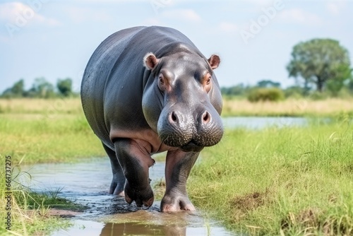 Hippopotamus Walking in a green field. © Sajeda