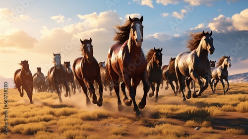 A herd of wild horses galloping freely through a sunlit, wide-open prairie. © Anmol