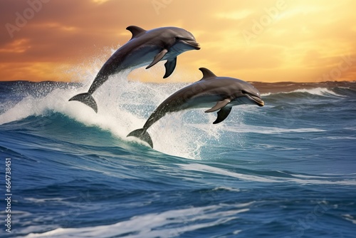 Playful dolphins jumping over breaking waves. Hawaii Pacific Ocean wildlife scenery. © Sajeda