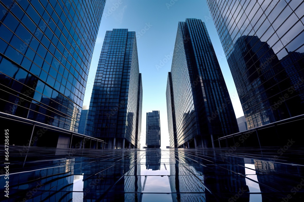 Reflective skyscrapers, business office buildings.