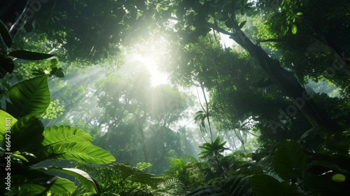A lush, tropical rainforest canopy with sunlight streaming through. © Anmol