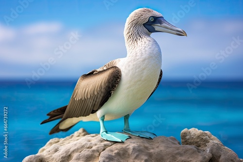 The rare blue-footed booby rests on the beach. photo