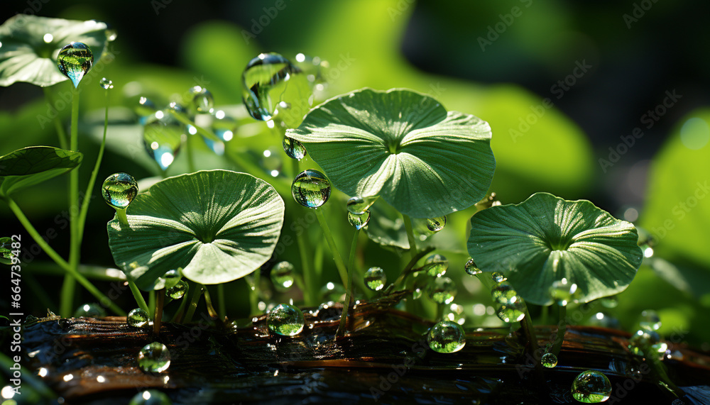 Green leaf, fresh plant, beauty in nature, wet grass growth generated by AI Green leaf, fresh plant, beauty in nature, wet grass growth generated by AI