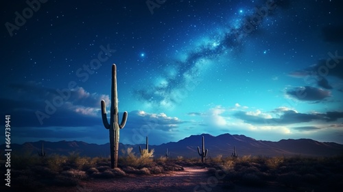 A clear, starry night in the desert, with a saguaro cactus silhouetted against the Milky Way. © Anmol