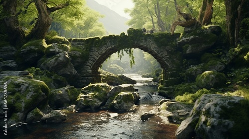 A moss-covered, ancient stone bridge spanning a fast-flowing mountain river in a remote wilderness.