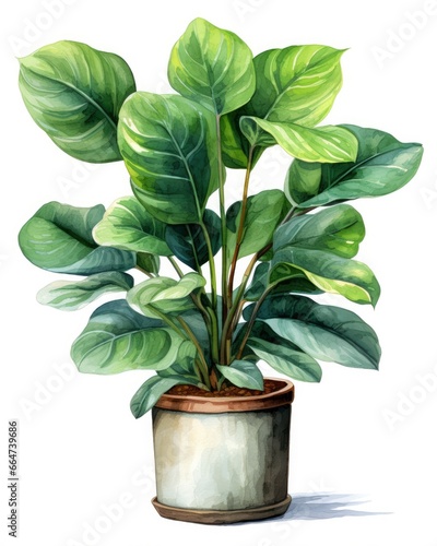 Watercolor potted houseplant isolated on white background. photo
