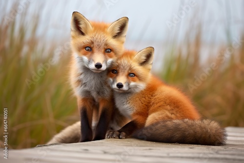 Wild baby red foxes cuddling at the beach. © Sajeda