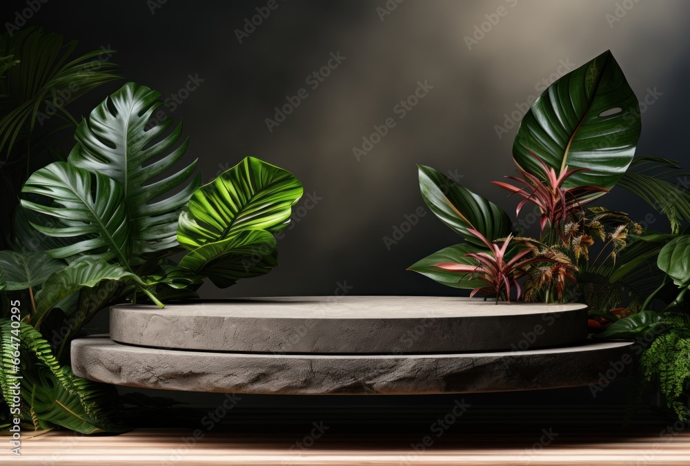 3D podium, stone display set. Jungle, palm leaf 3D podium, stone display set. Jungle, palm leaf