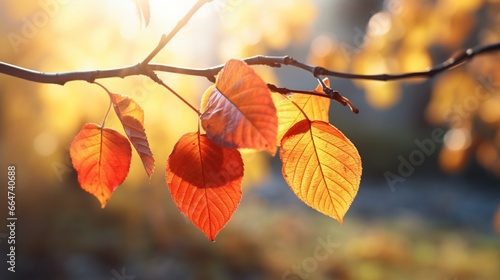 A pair of red and orange autumn leaves  still clinging to a tree branch as they catch the sunlight.