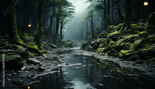 Mysterious forest  dark night  wet leaves  spooky adventure  tranquil beauty generated by AI
