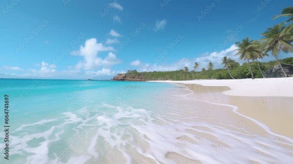 A pristine, untouched beach with powdery white sand and crystal-clear turquoise waters.