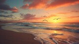 A pristine, untouched beach at sunset, with seagulls in flight and the sky painted in warm colors.