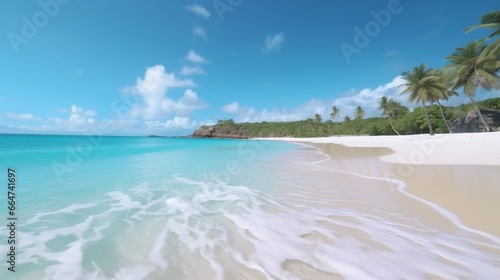A pristine  untouched beach with powdery white sand and crystal-clear turquoise waters.