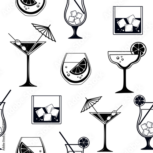 Martini cocktail with umbrella and olive in classic glass. Black and white vector seamless pattern with alcoholic beverages on white background.