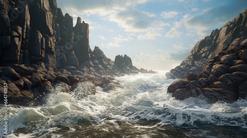 A rugged, rocky coastline with waves crashing against the cliffs.