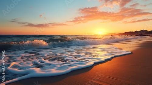 A serene coastal beach at sunset  with waves gently lapping the shore.