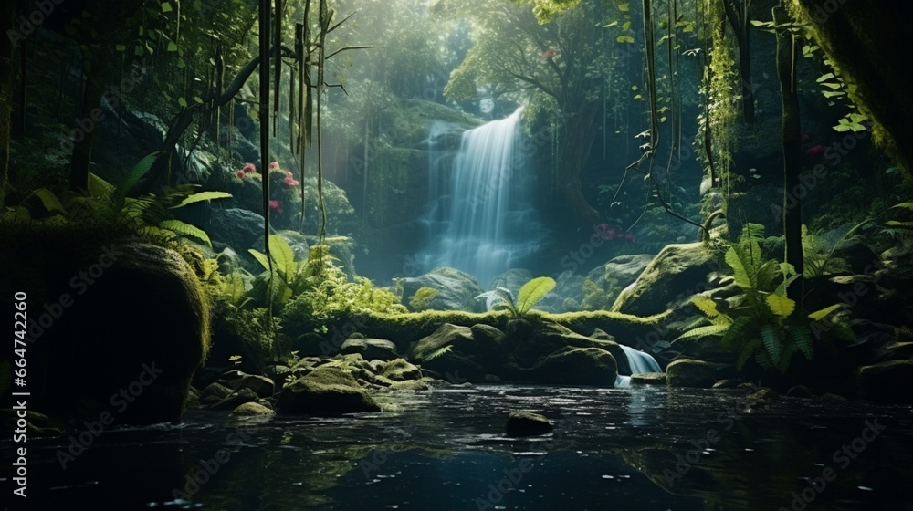 A serene, hidden waterfall deep within a mossy, enchanted forest, with ferns and wildflowers.