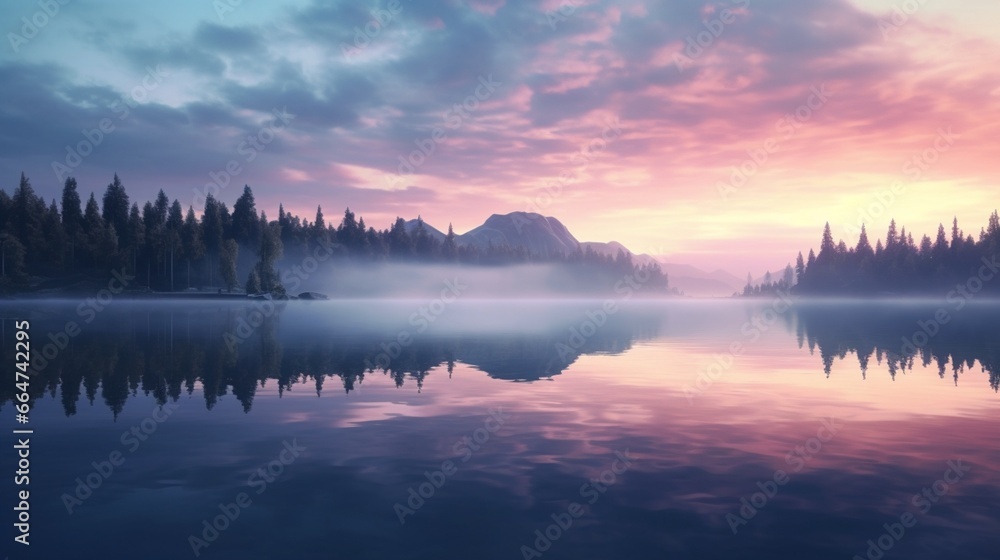 A serene lake at dawn, reflecting the pastel hues of the sky, with mist rising from the water's surface.