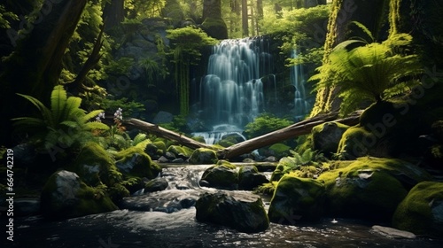 A serene, hidden waterfall deep within a mossy, enchanted forest, with ferns and wildflowers.
