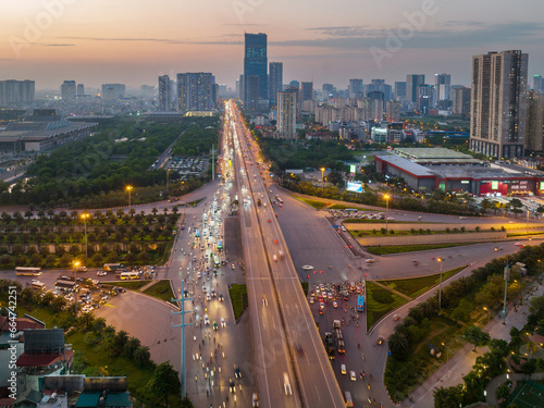 Hanoi skyline cityscape at sunset on Khuat Duy Tien street, Cau Giay district photo