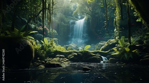 A serene  hidden waterfall deep within a mossy  enchanted forest  with ferns and wildflowers.