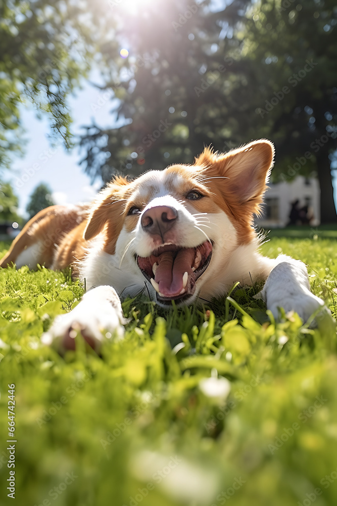 Portrait of dog in the grass. Dog lying in the garden, smile and happy