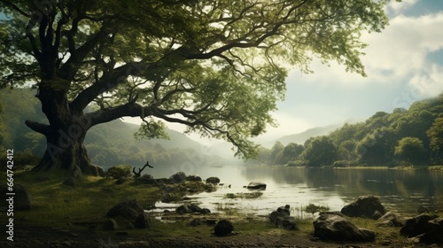 A serene, mist-covered lake surrounded by ancient oak trees. © Anmol