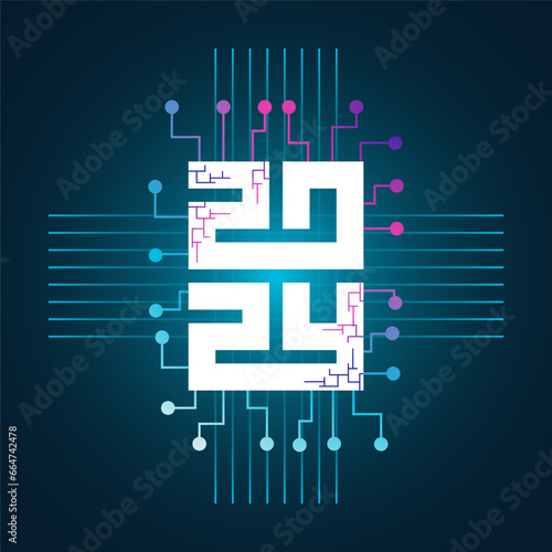 Vector illustration happy new year concept technology with neon light line art