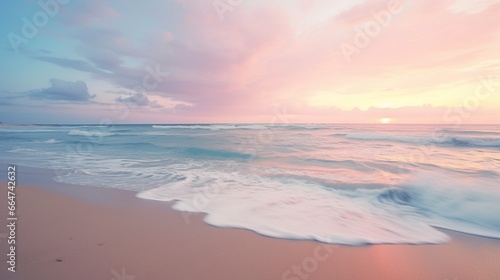 A serene, untouched beach at sunrise, with gentle waves and a pastel-colored sky. © Anmol