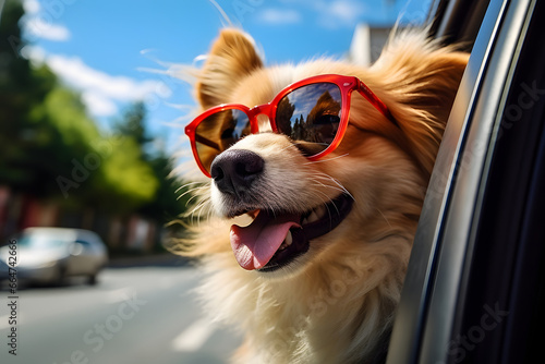 Dog travel by car. enjoying road trip. Tourism and travel concept background.