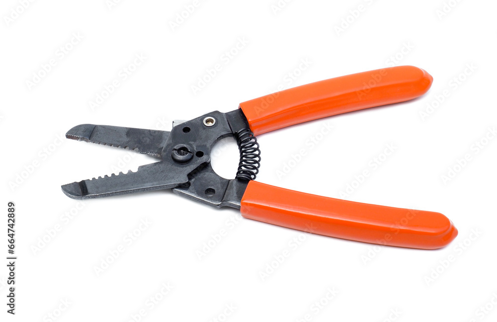 Wire stripping pliers with orange handles isolated on white background. Wire stripping pliers with orange handles isolated on white background.