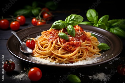 Delicious traditional Italian spaghetti pasta. Generative AI