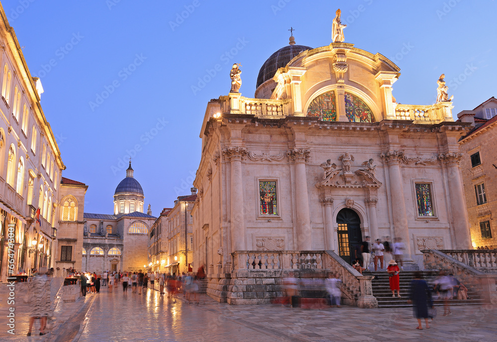 Beautiful romantic streets of old town Dubrovnik during twilight blue hour, Croatia