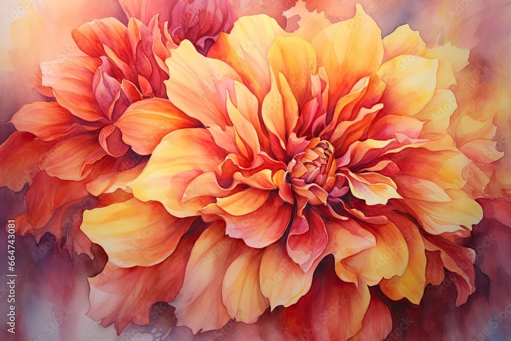 Obraz premium Vibrant Warm Colors: Watercolor Painting on Canvas with a Stunning Blend of Hues, generative AI