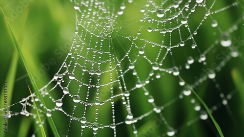A close-up of a delicate spider's web adorned with dewdrops, suspended between blades of grass. © Anmol