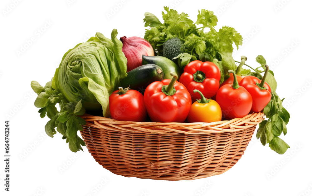 Farm Veggies in a Woven Basket Ready To Eat on White or PNG Transparent Background. Farm Veggies in a Woven Basket Ready To Eat on White or PNG Transparent Background.
