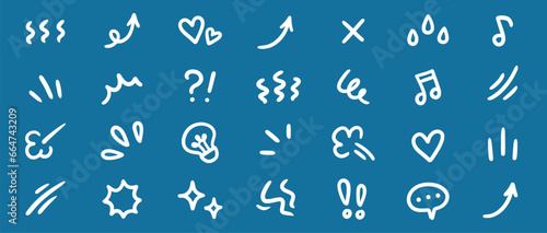 Line movement effect element, express anime effect decoration icon. Hand drawn cute doodle line element arrow, emphasis, shock, sparkle. Anime movement, express shape. Vector illustration
