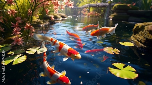 A tranquil garden pond with colorful koi fish swimming gracefully in the clear water.