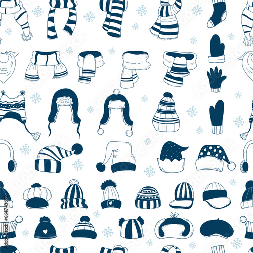 Seamless pattern with clothes and accessories. Knitted winter scarves and hats, socks and gloves on white background. Vector Illustration. hand drawn for wallpaper, design, textile, packaging.