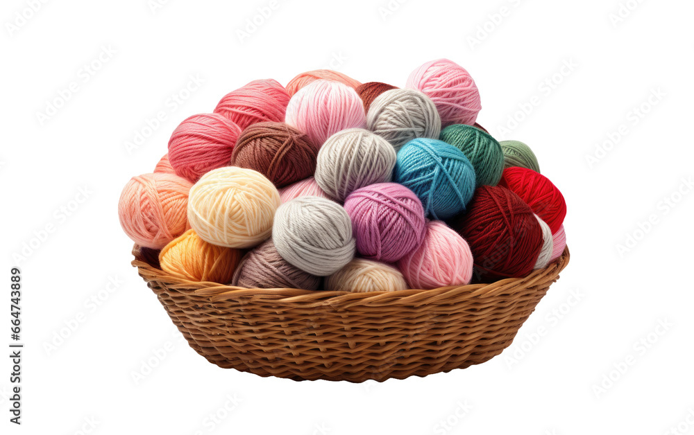 Yarn Mixed Color Balls On Brown Basket Realistic Art on White or PNG Transparent Background.