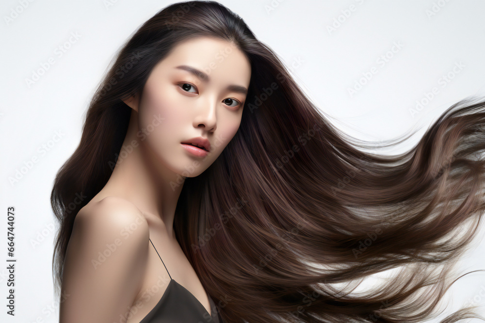 白の背景に若いアジア人女性の躍動感のある輝く髪の毛。 Stock イラスト Adobe Stock