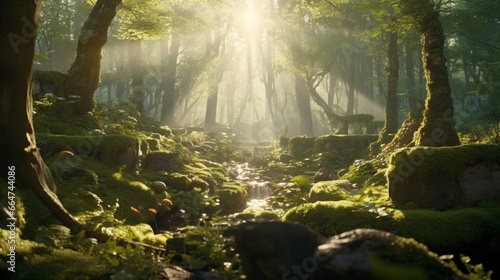 A tranquil, sunlit glade in the heart of an ancient, enchanted forest with vibrant moss and mushrooms.