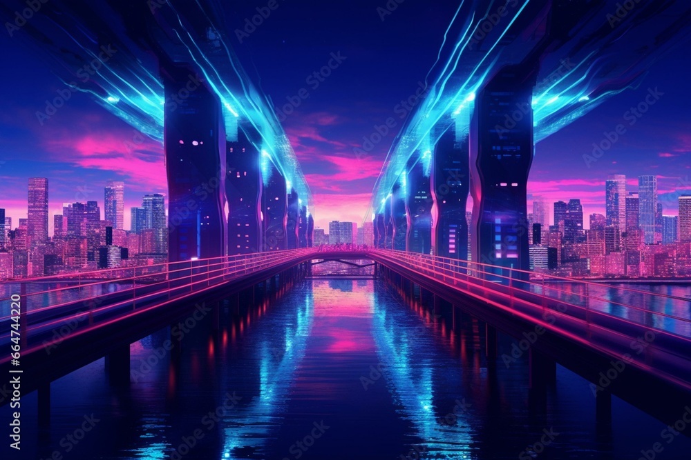 A modern bridge over neon river, reflecting futuristic cityscape. Generative AI