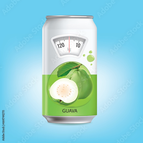 guava juice can with a weight scale. Diet concept. Vector.