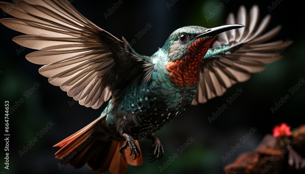 Fototapeta premium Hummingbird flying, vibrant colors, nature beauty, tropical rainforest, animal wing generated by AI